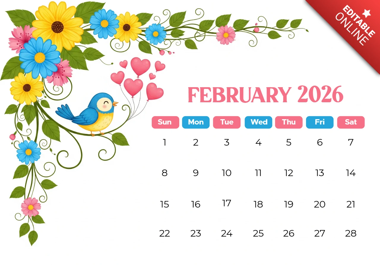 Calendario de pared de febrero de 2026 edición del día de San Valentín con detalles de aves de jardín y flores brillantes.