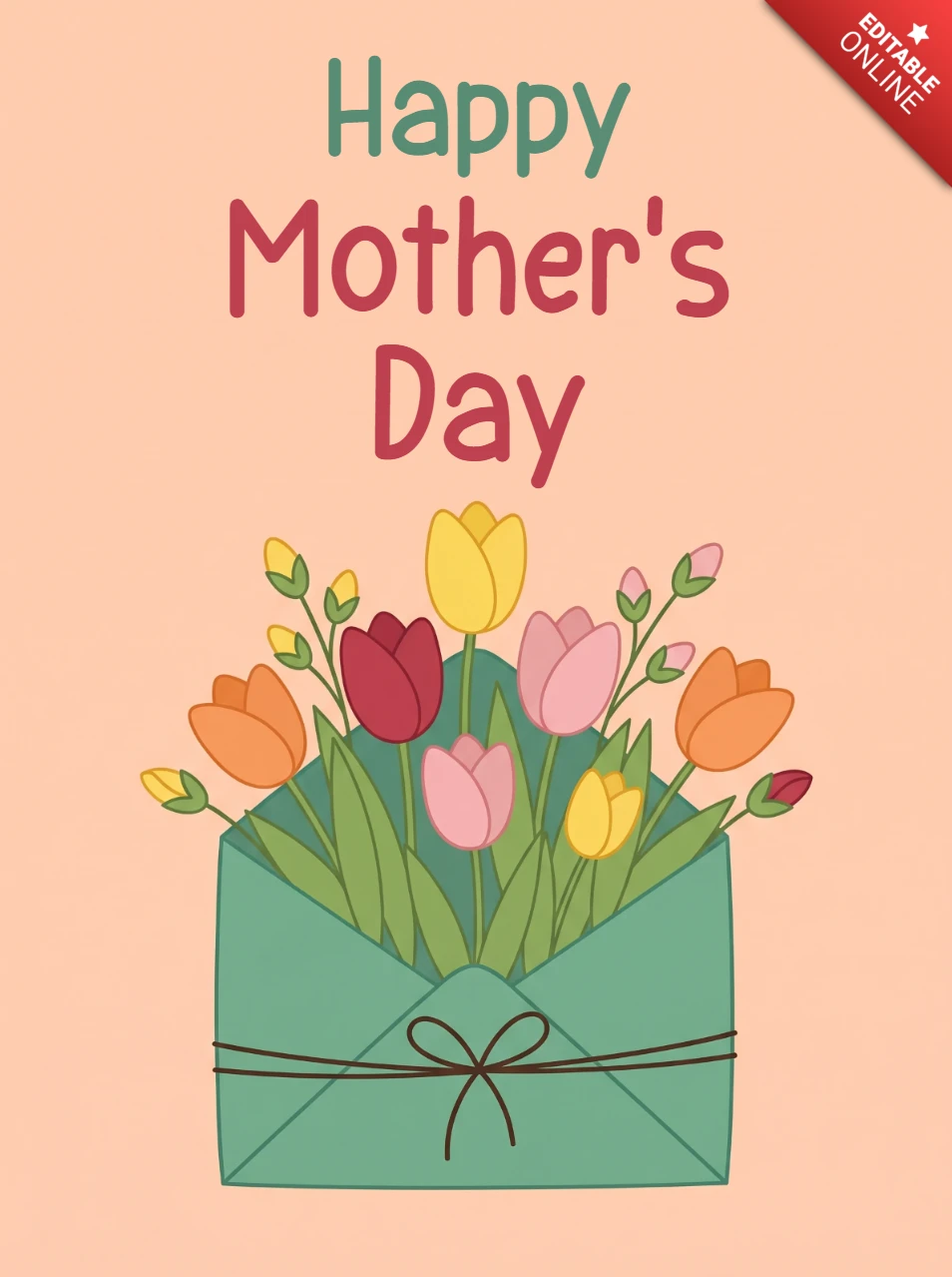 Carte de vœux élégante pour la fête des mères avec une enveloppe verte remplie d'un bouquet coloré de tulipes et un design pastel chaleureux