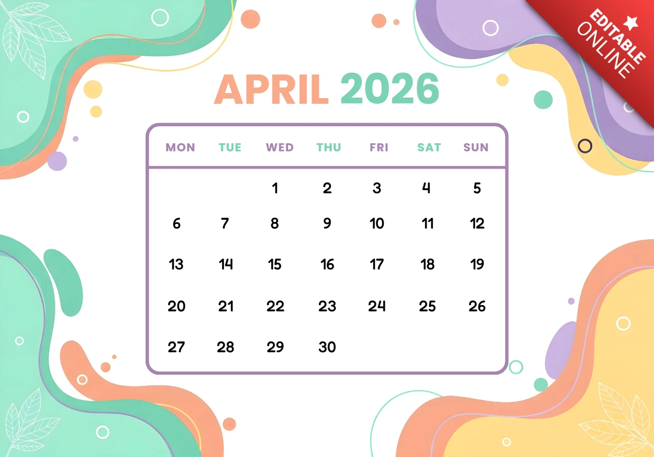 Cartaz do calendário de abril de 2026 — design abstrato em tons pastéis com formas onduladas, folhas verdes e estilo artístico moderno