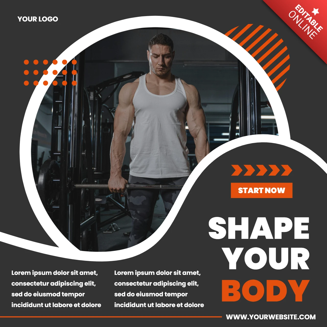 Modelo de design de postagem promocional de mídia social para academia Shape Your Body