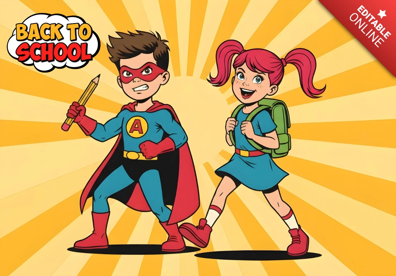 Affiche de design de retour à l'école avec un super-héros étudiant, un crayon et un compagnon marchant vers l'école.