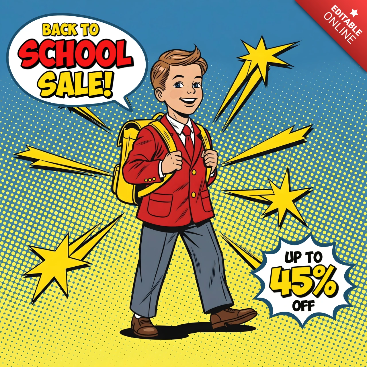 Comic-Pop-Art-Schule, lebendiger Schüler im roten Blazer & mutiges Verkaufsgrafik-Designvorlage für Werbeflyer