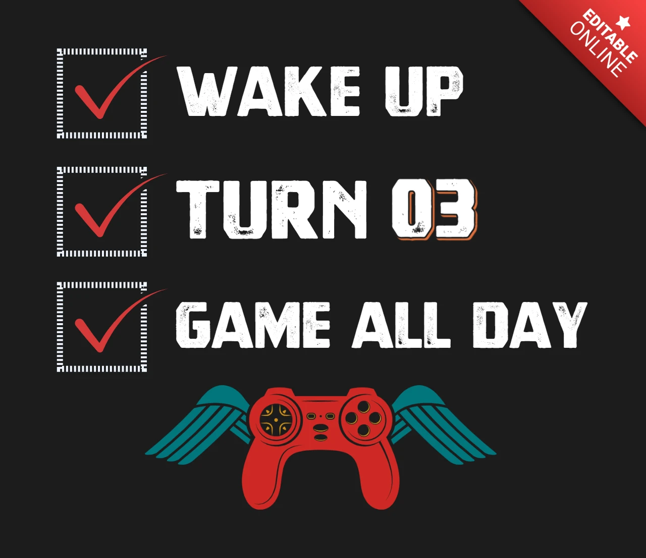 Réveillez-vous, allumez le 03, jouez toute la journée" - modèle de t-shirt gaming avec manette ailée