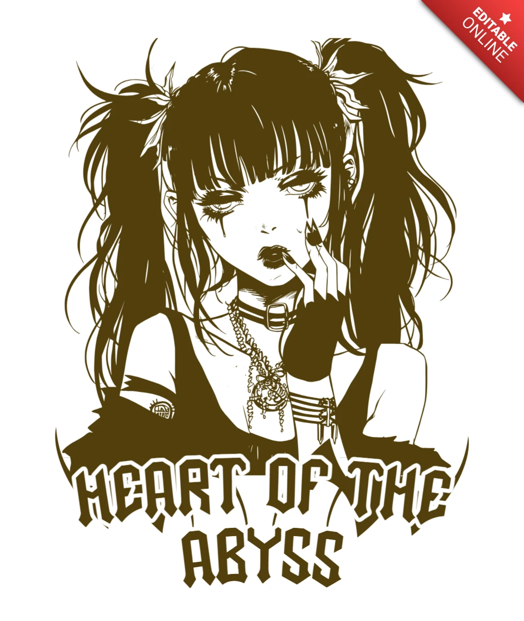 Cœur de l'abîme, fille d'anime monochrome avec design de t-shirt romantique sombre.