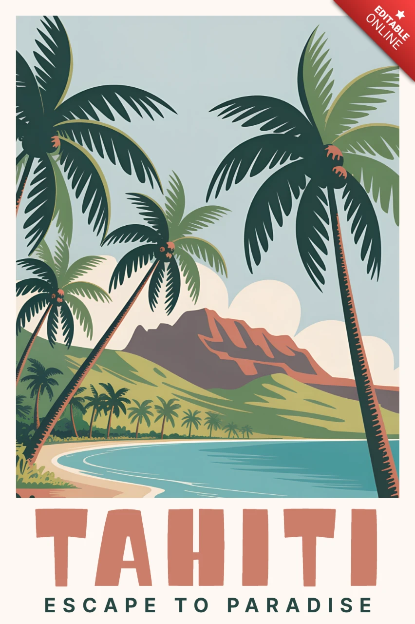 Plantilla de diseño de paraíso tropical para carteles de viaje con palmeras y paisajes escénicos.