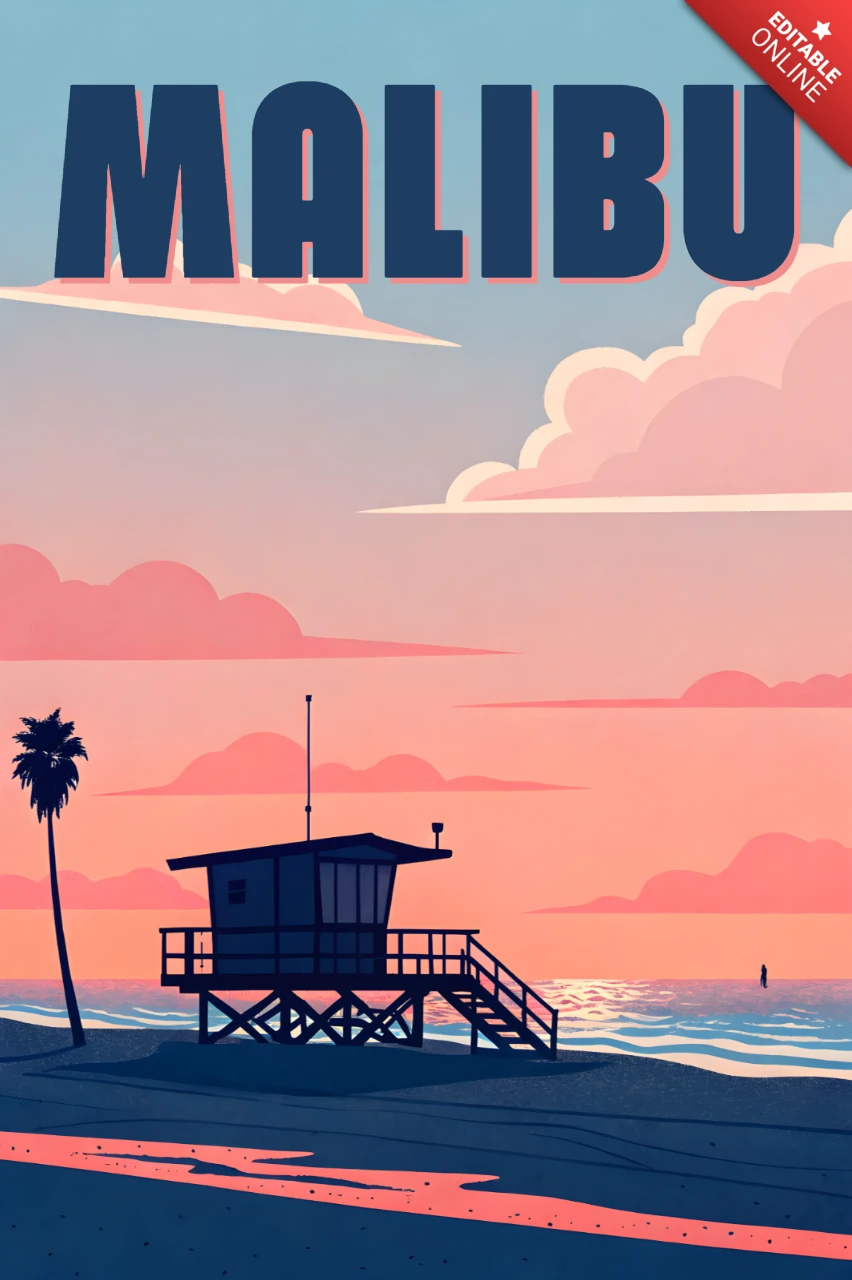 Malibu Beach House in the Sunset for Retro Flat Posters and Postcards Template