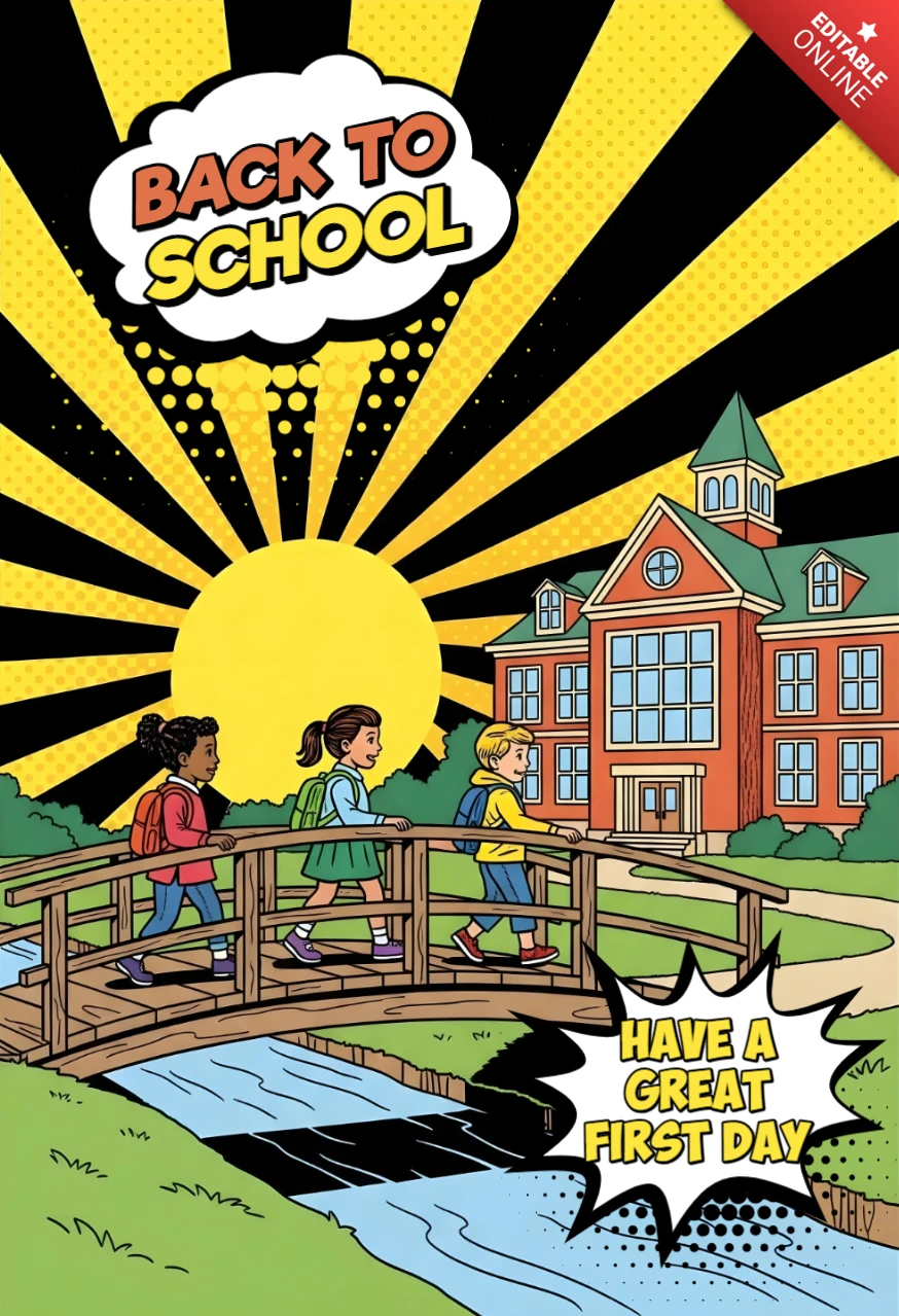 Zurück zur Schule, Schüler über die Brücke zur roten Backsteinschule mit Sonnenstrahlen-Hintergrund, Poster-Design-Vorlage.