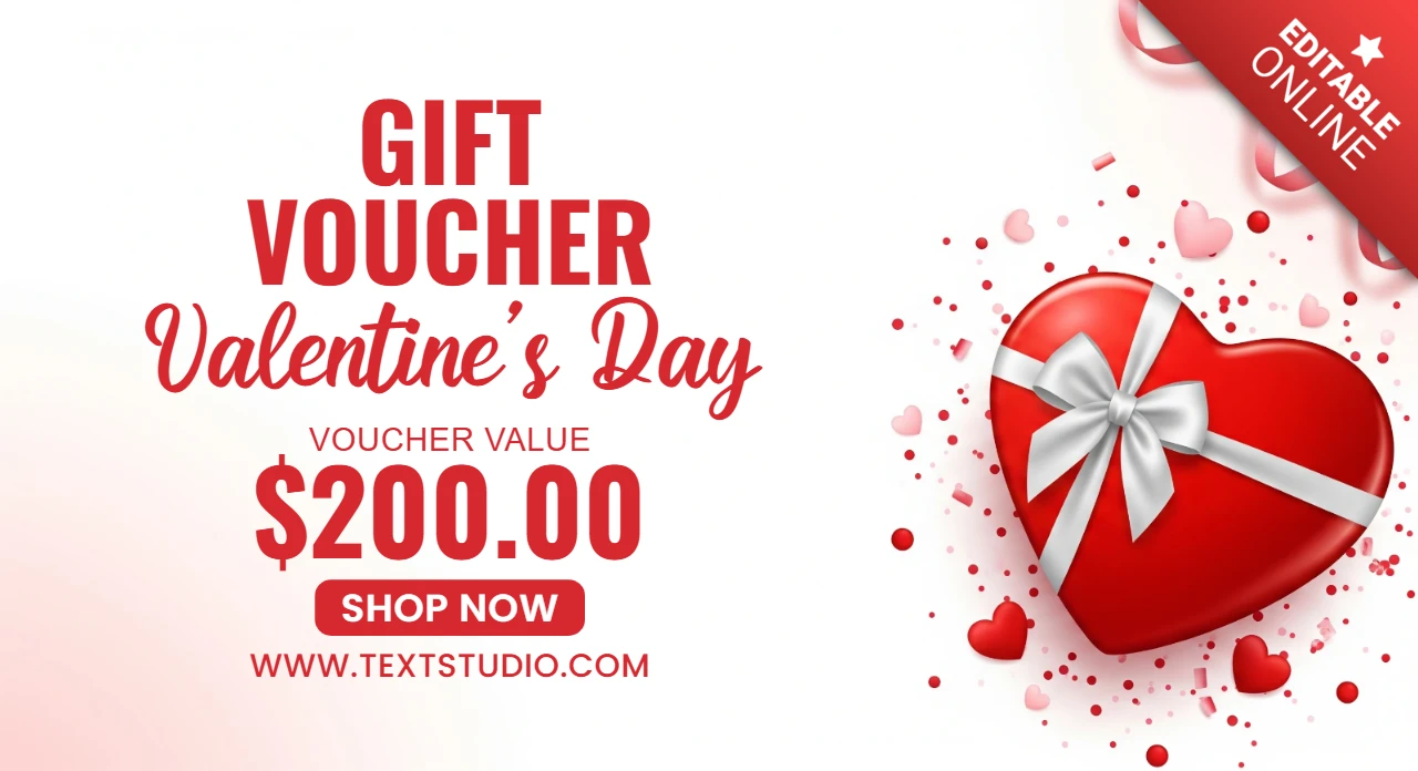Modello di buono regalo per San Valentino con scatola a forma di cuore rosso, nastro e cuori decorativi per promozioni.