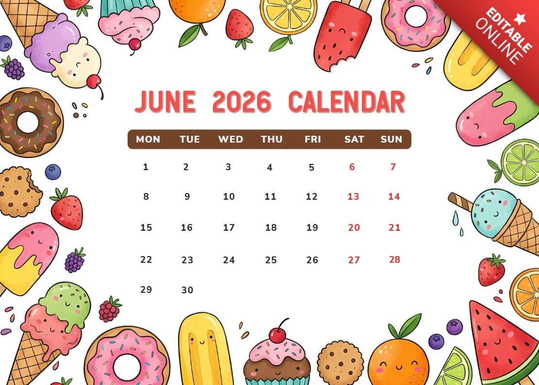 Haziran 2026 aylık takvimi sevimli dondurma, donutlar ve tatlı ikramlar illüstrasyonlarıyla.