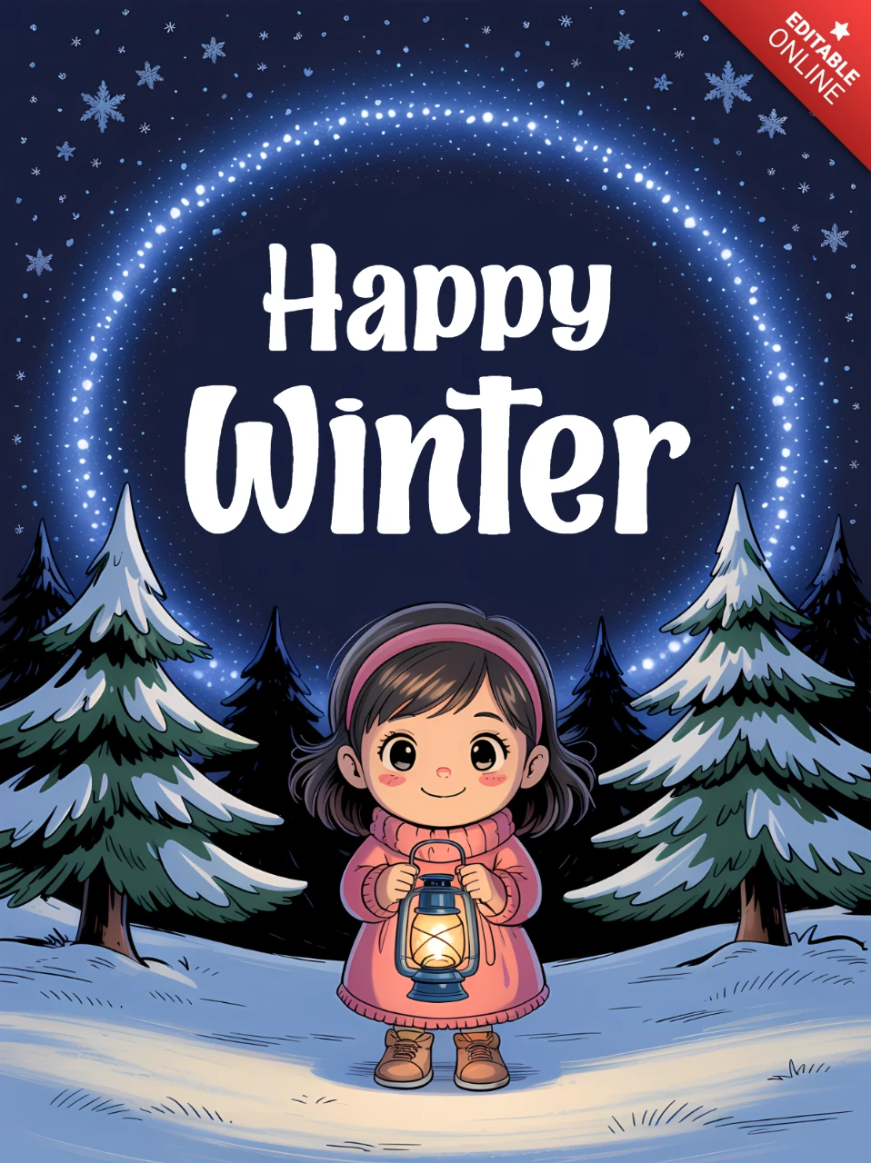 Happy Winter Design Template with Cute Girl Holding Lantern for Holiday Greeting Cards