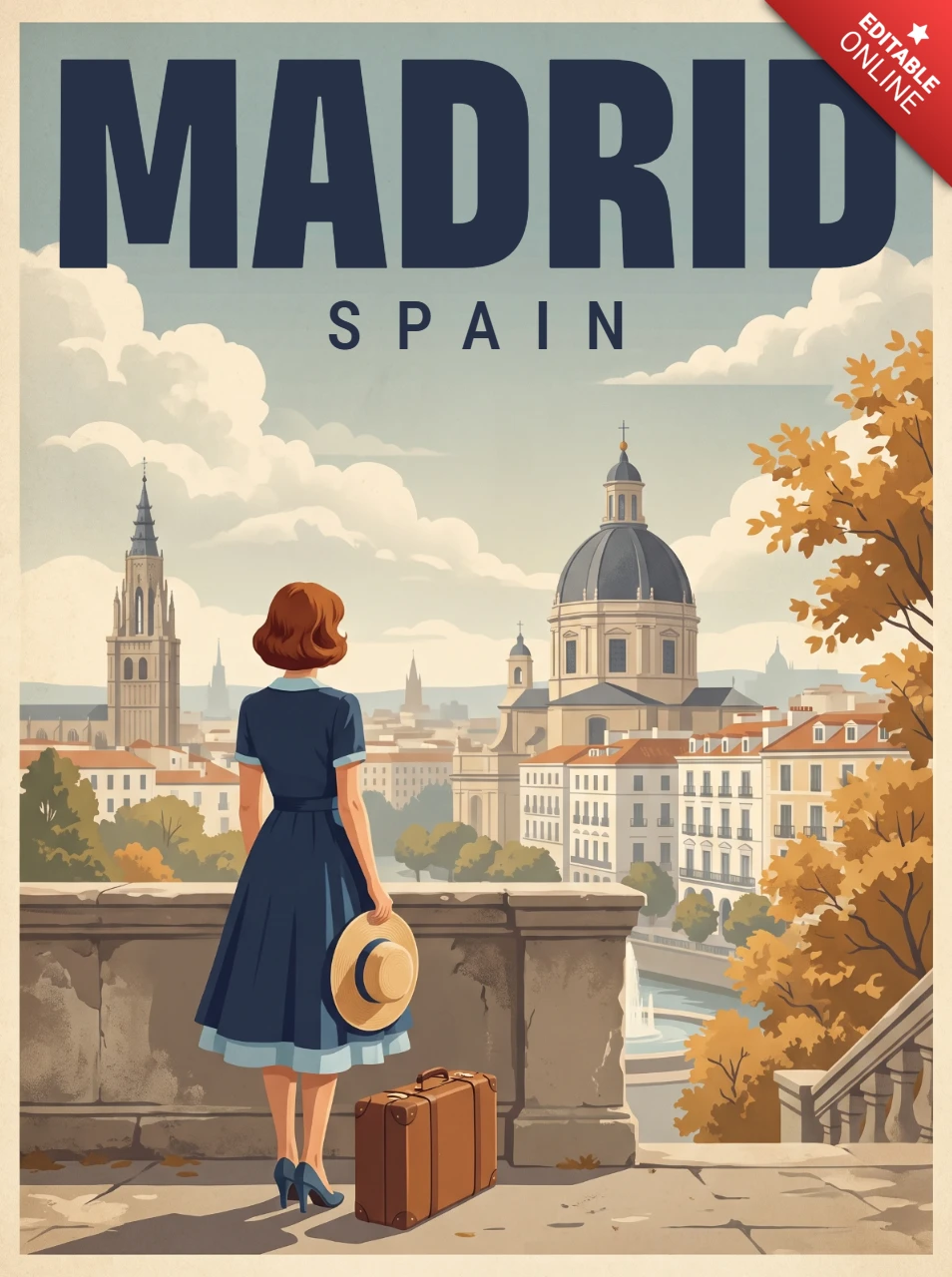 Madrid Retro Vintage Landmark Poster Spain Scenic Terrace Woman Suitcase Autumn Trees Historic Skyline Nostalgic Wall Art Print