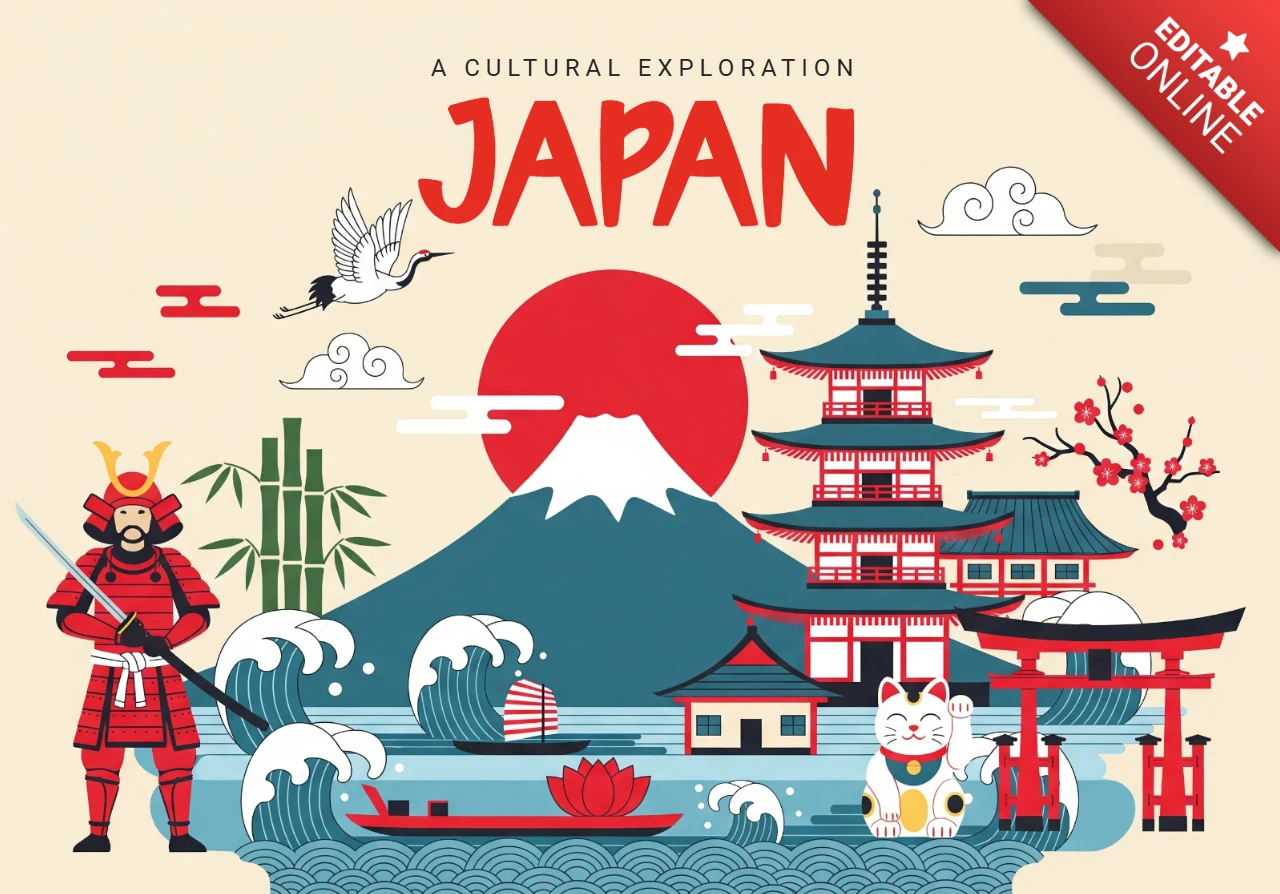 Explore o pôster da cultura do Japão com o Monte Fuji, samurai, portão torii e garça em uma paisagem ilustrada vibrante.