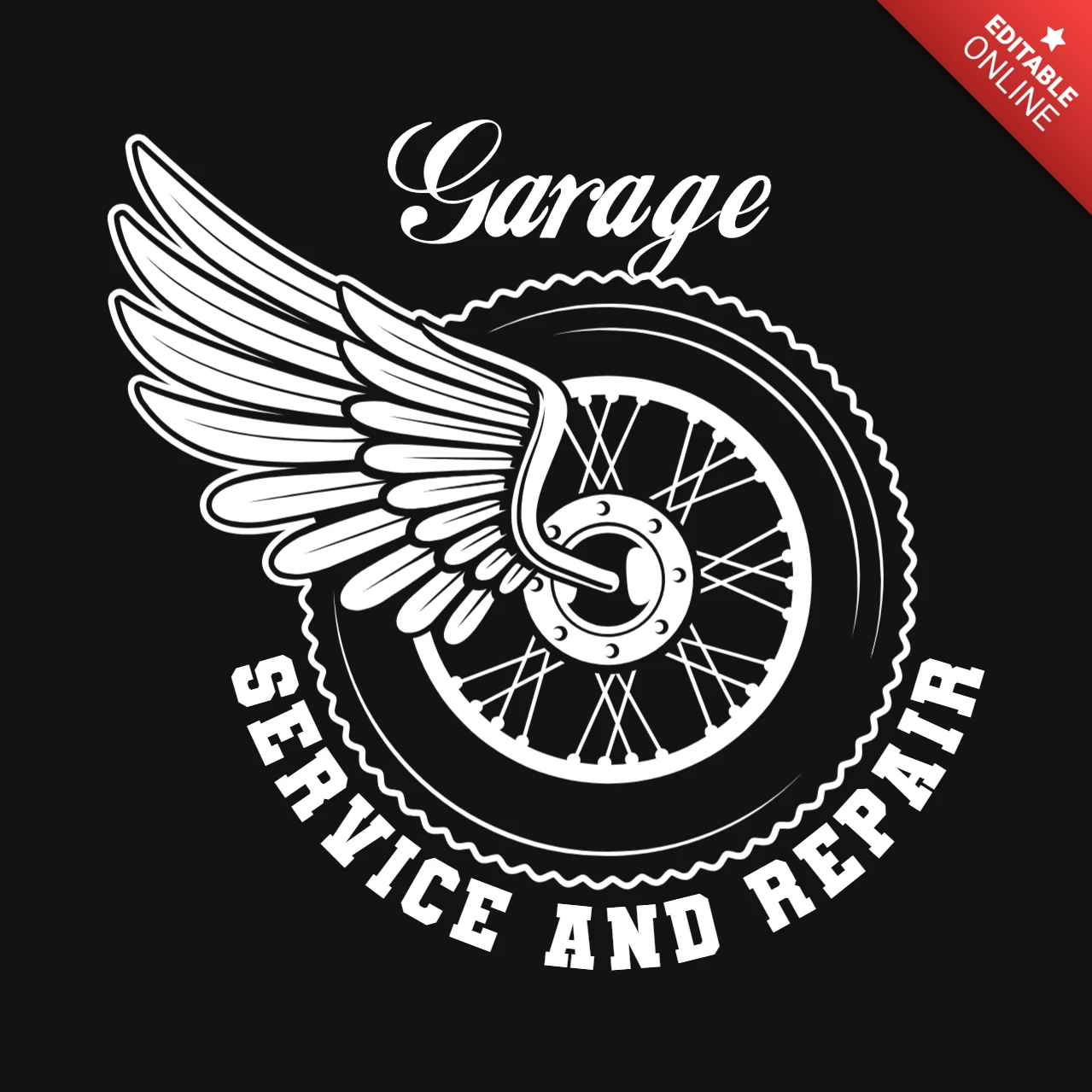 Roda de motocicleta com asas em modelo de design de camiseta monocromática vintage