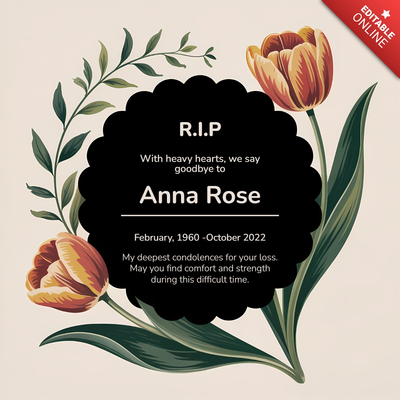 Diseño de plantilla memorial floral elegante para tarjetas de tributo