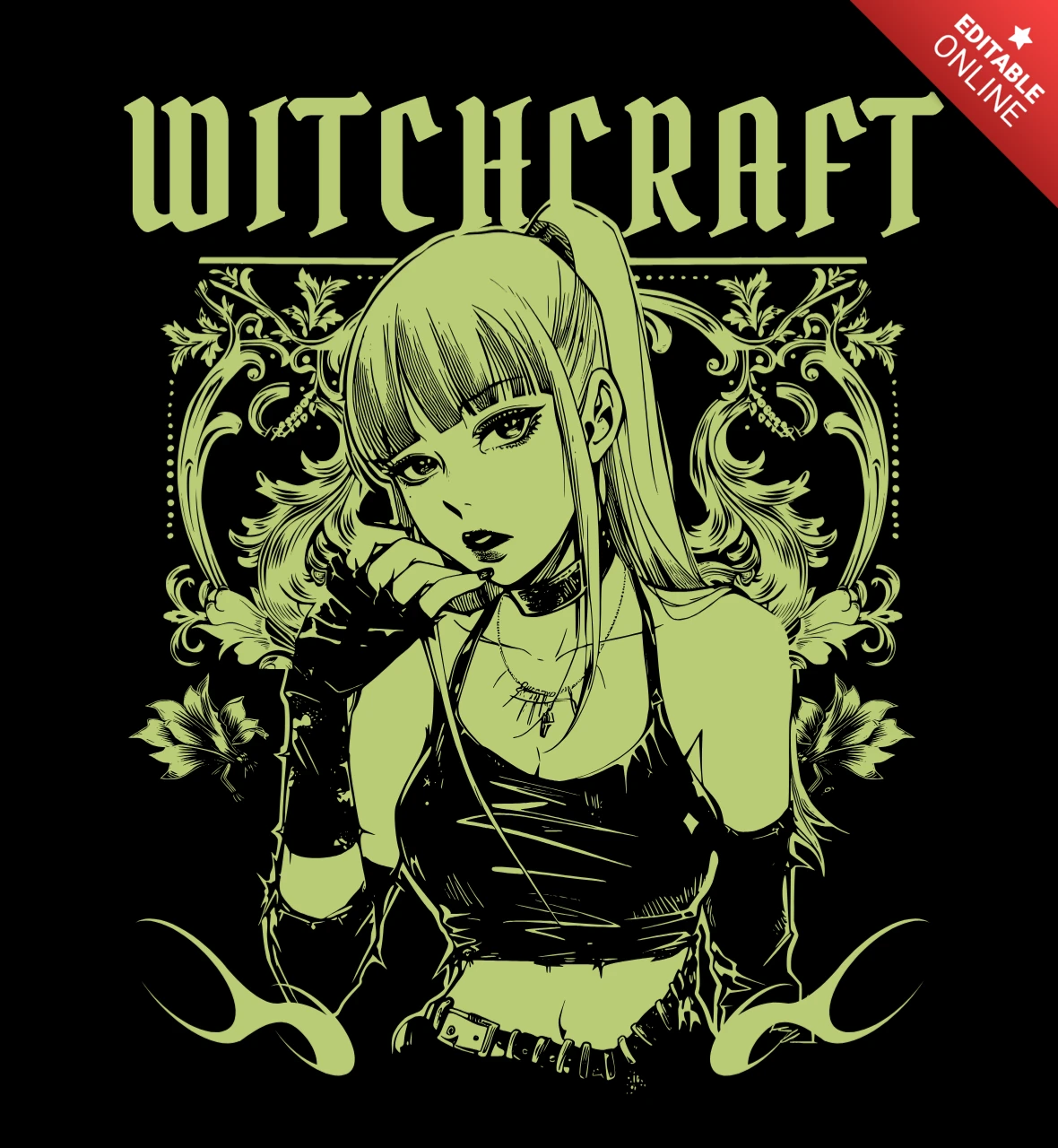 Witchcraft Mystic Anime Girl with Pentagram Pendant and Floral T-Shirt Design Template