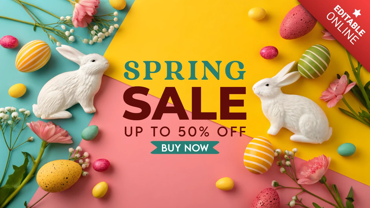 Modello di design per saldi di primavera: tema floreale e coniglietto colorato per le promozioni