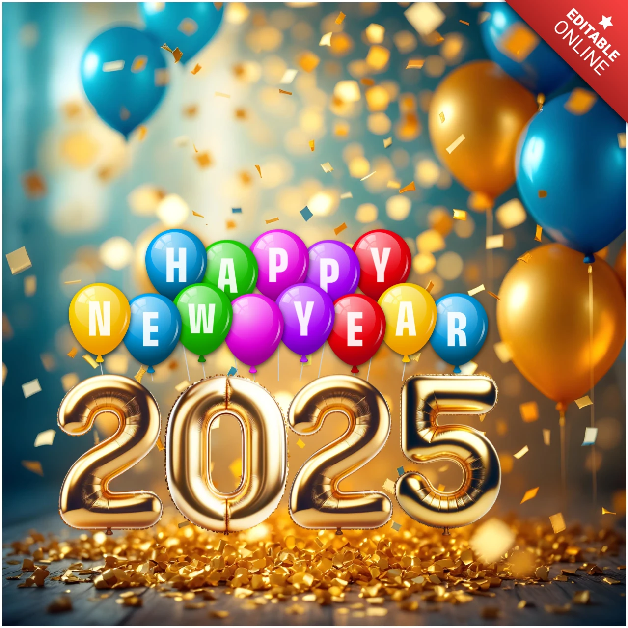 Festive Golden Balloons Happy New Year 2025 Design Template