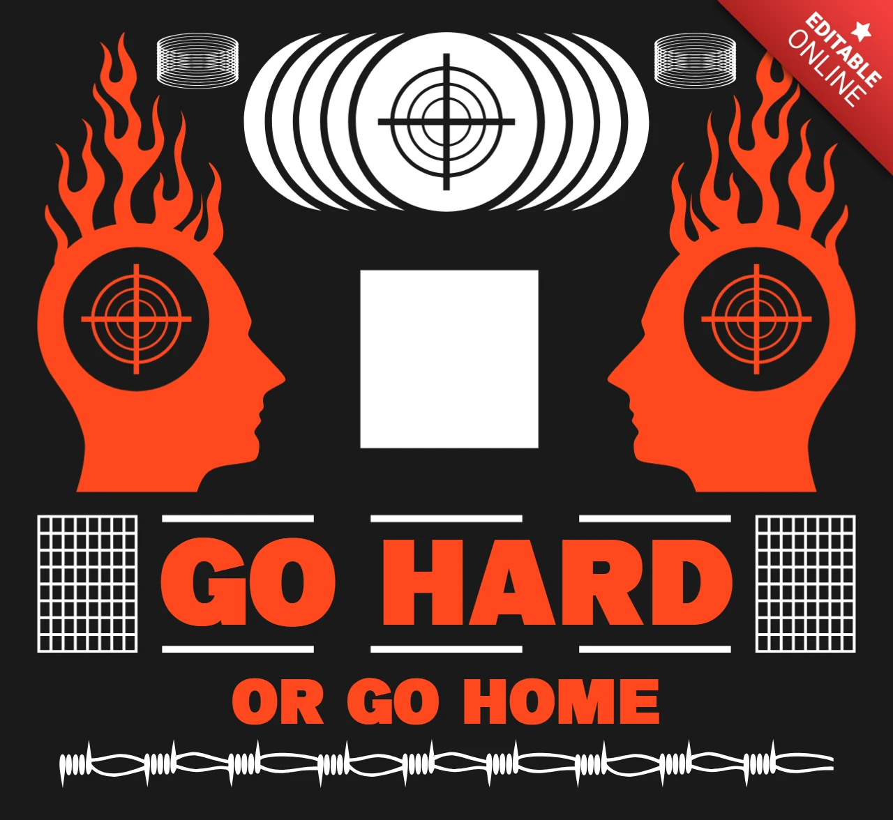 Bold Graphic Design Template for Motivational Apparel Featuring Fiery Heads and Target Elements