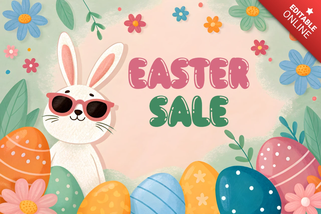 Whimsical Easter Sale Design Template with Cute Bunny and Colorful Eggs
