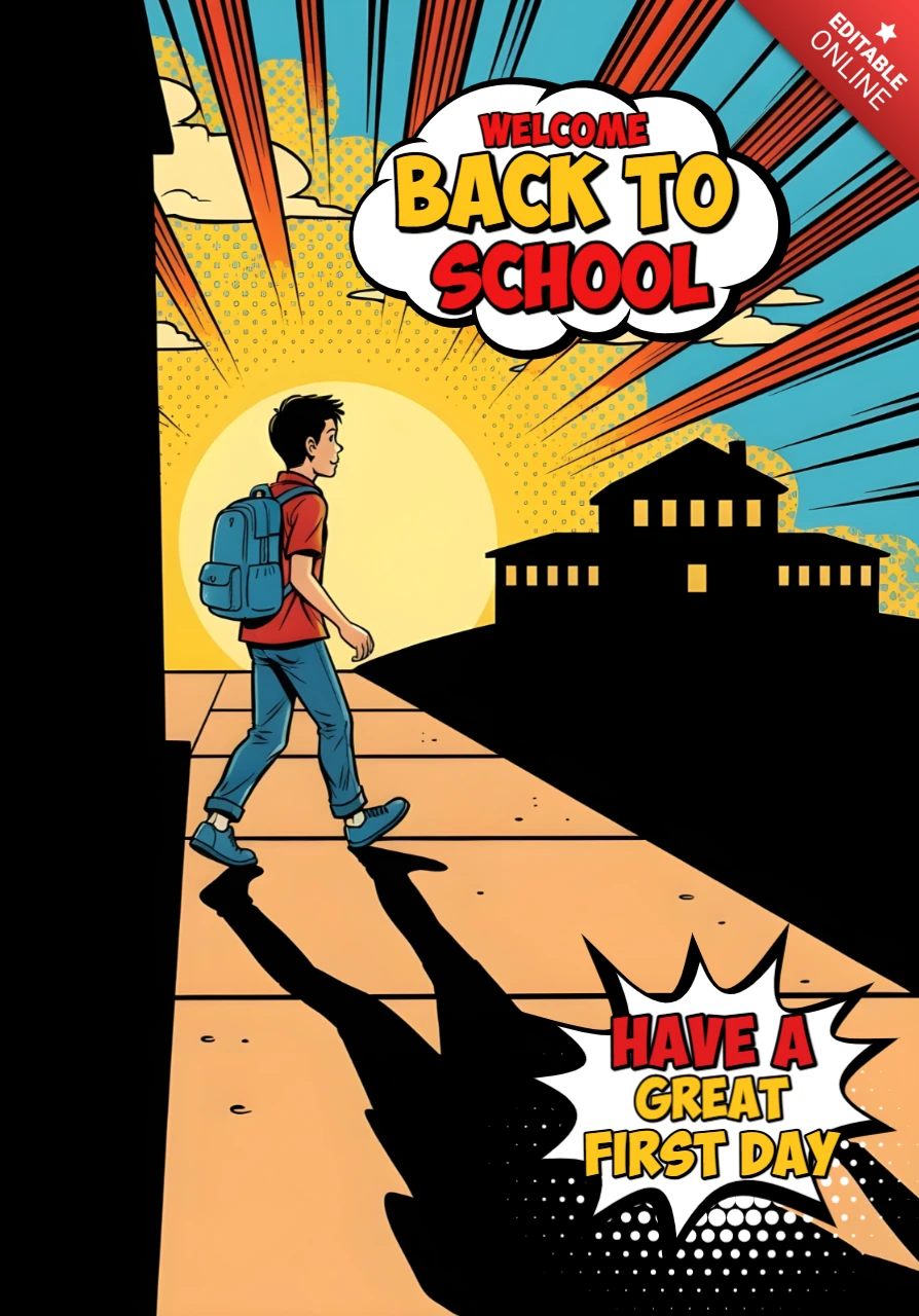 Affiche de conception de modèle d'élève de retour à l'école marchant vers l'école avec un arrière-plan de lever de soleil et un sac à dos rouge.