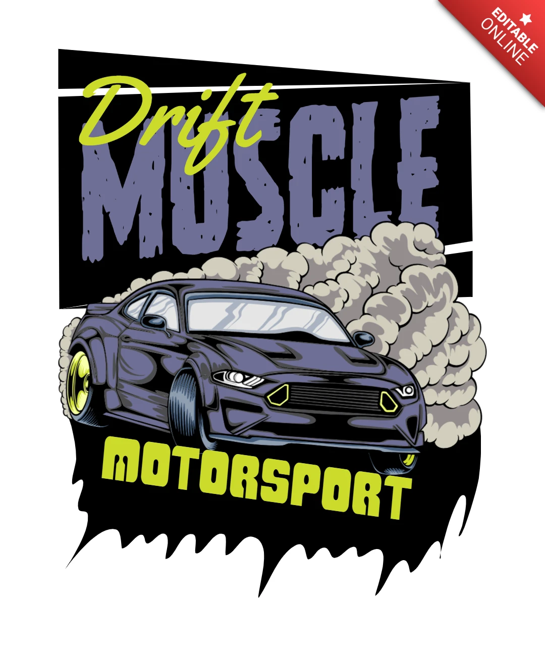 Graphique de voiture de muscle noire avec dérive, traînée de fumée et typographie de sport automobile, modèle de design de t-shirt