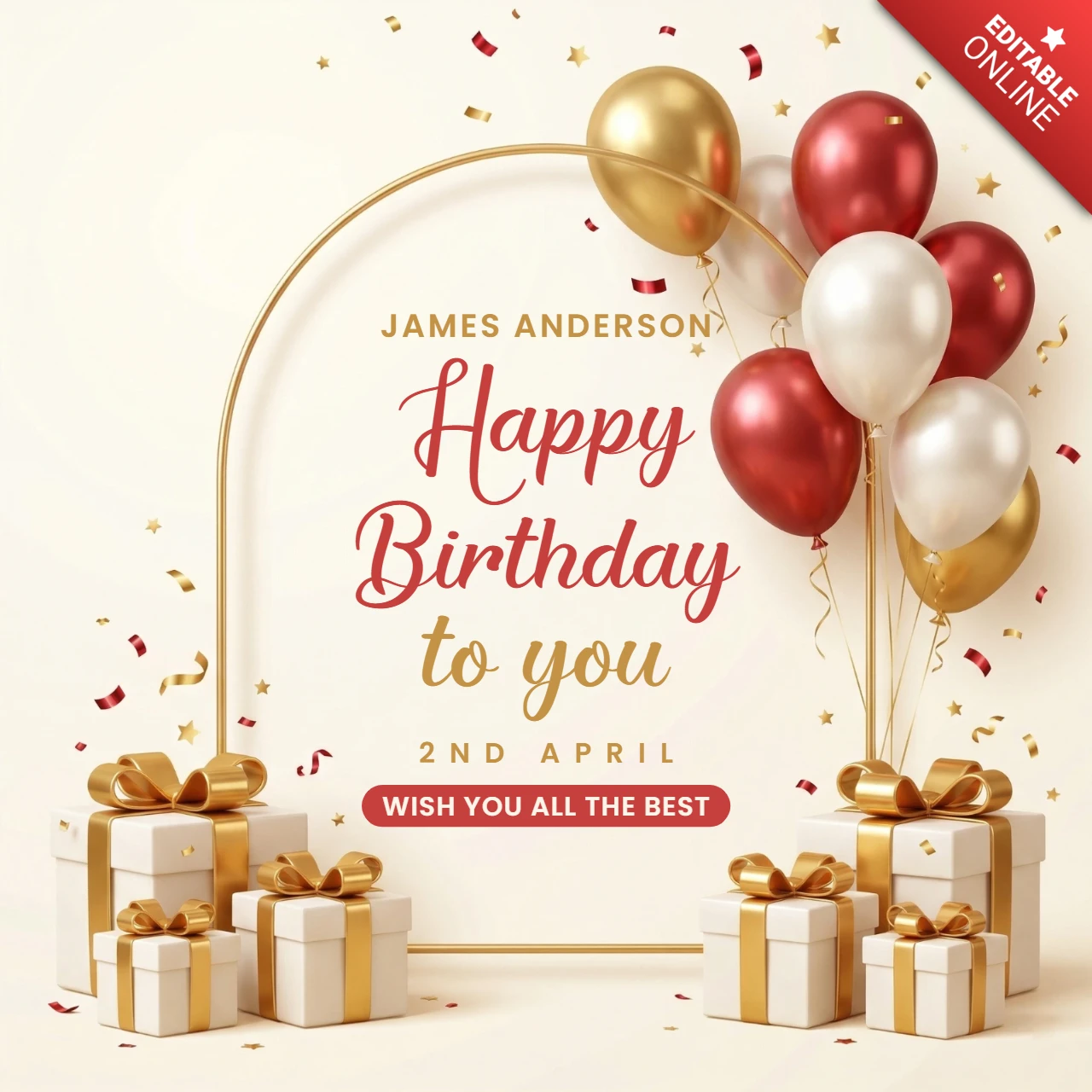 Cartel de celebración de cumpleaños con fondo de arco dorado, globos, confeti y cajas de regalo, tema de fiesta festiva.