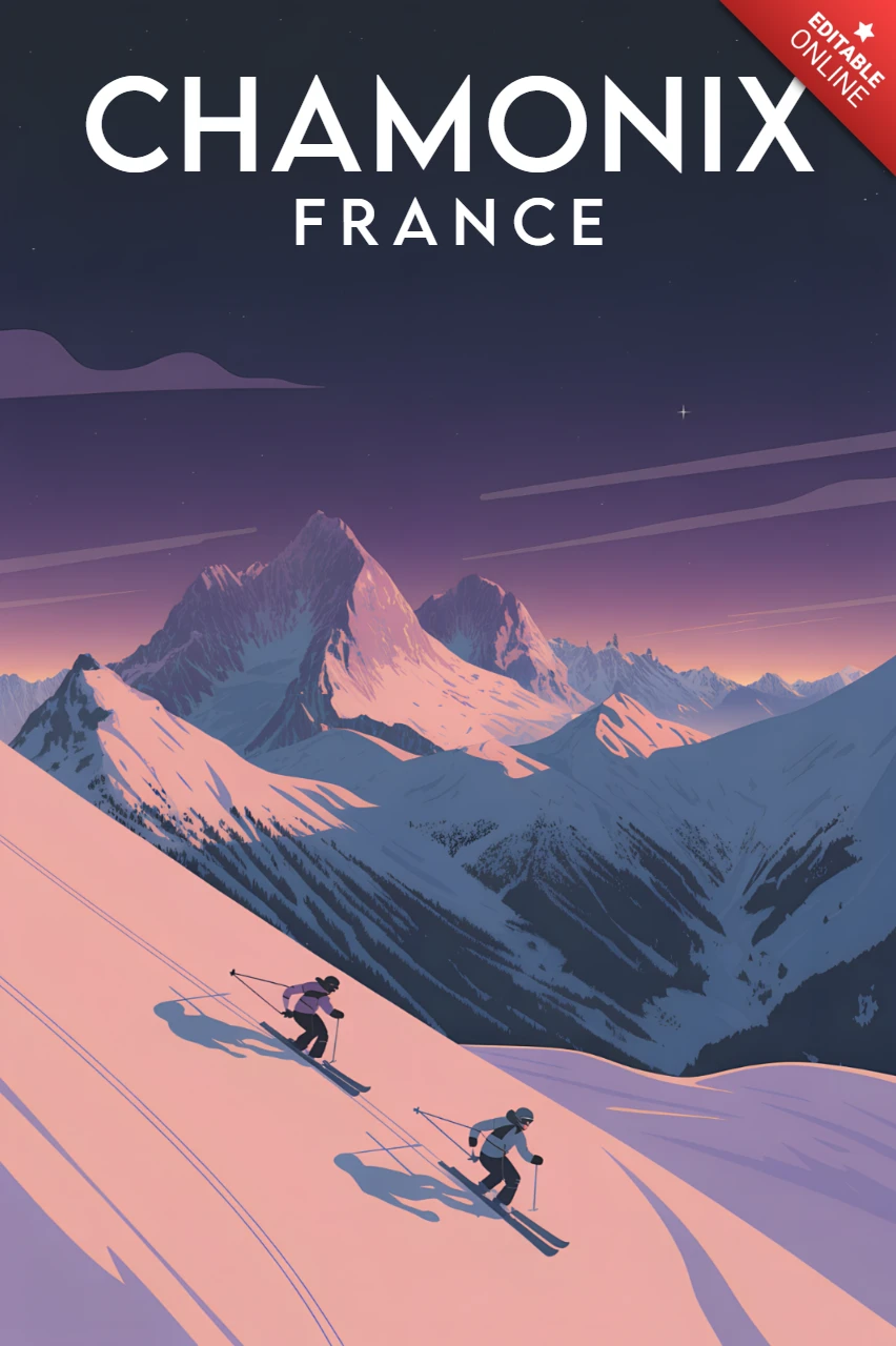 Template di design per poster dell'avventura sciistica a Chamonix, Francia