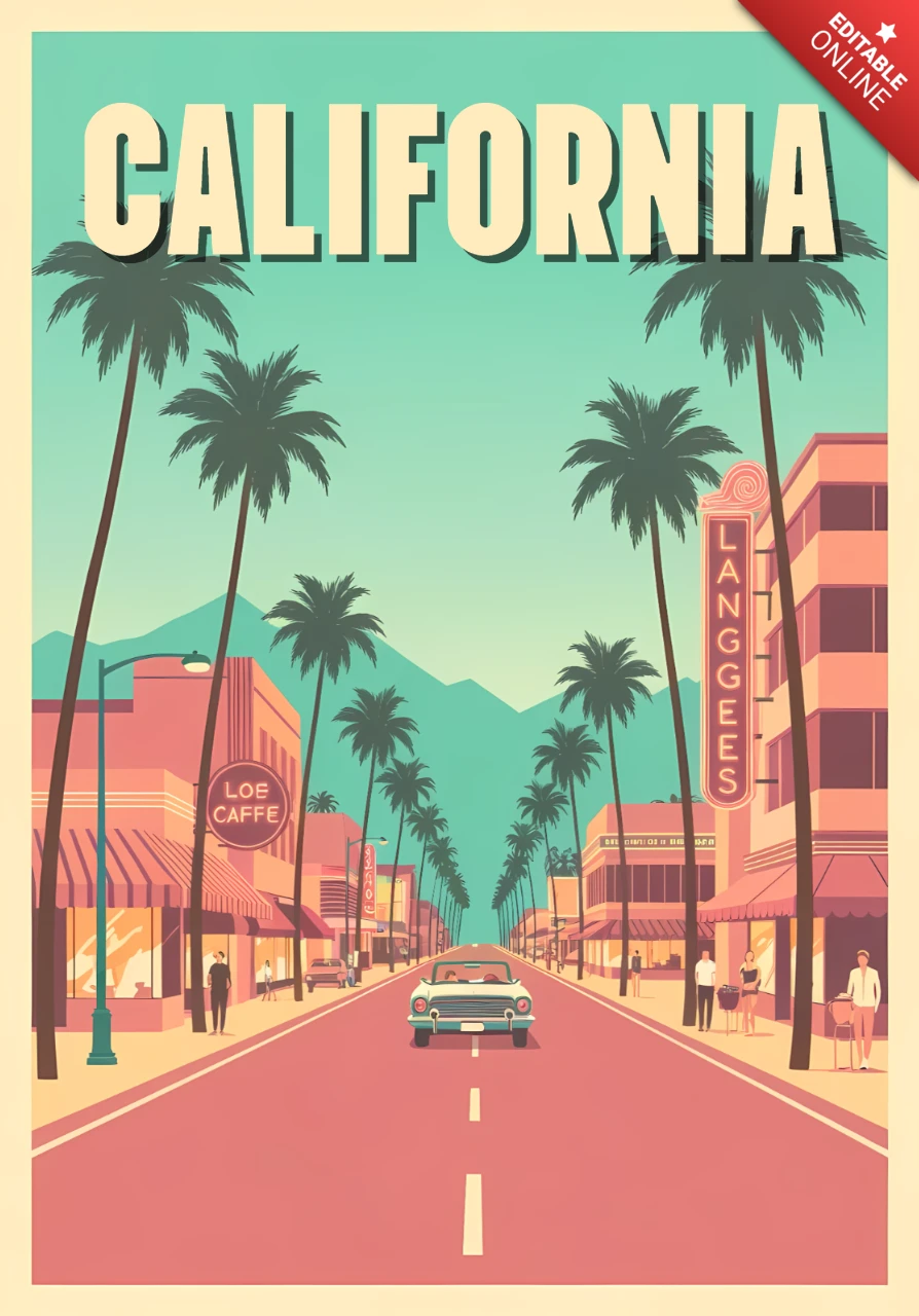 California Retro Flat Design for Vintage Travel Posters Template