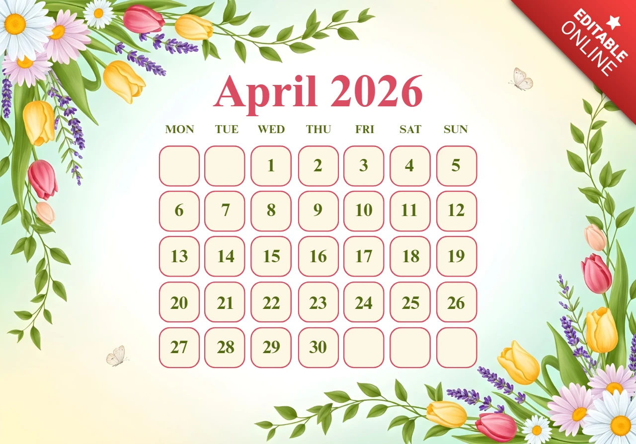 April 2026 Kalenderposter — Tulpen, Gänseblümchen, Lavendel, Schmetterlinge und dekoratives Blumenmotiv