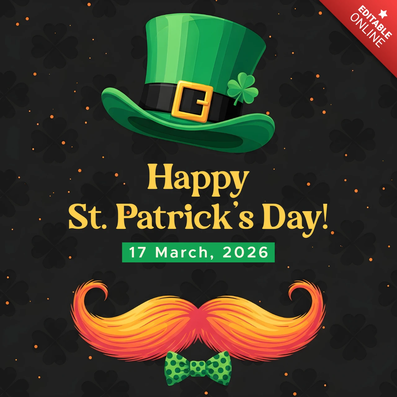 St Patrick's Day Party Template with Green Hat and Mustache Design for Greeting Cards