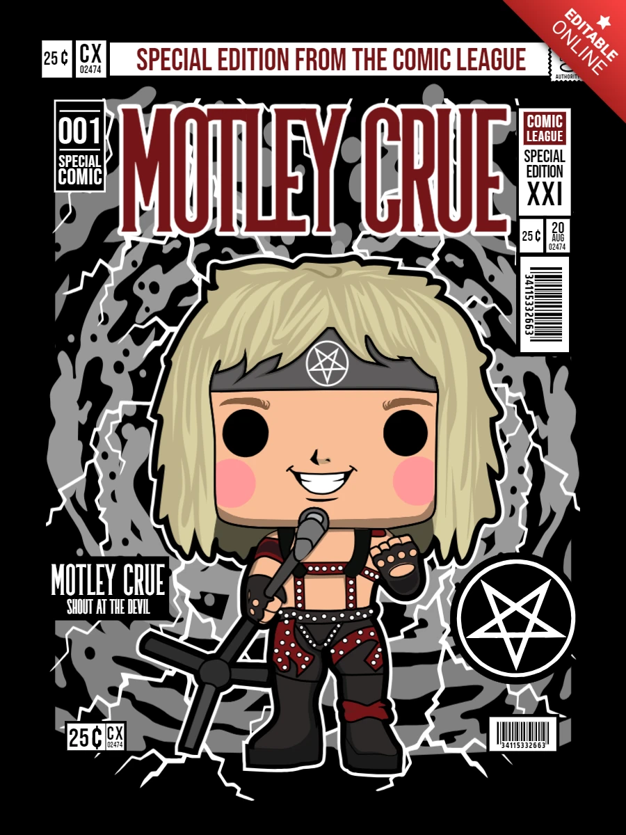 Pop Rocks Motley Crue Cartoon Character Magazine Cover Design Template