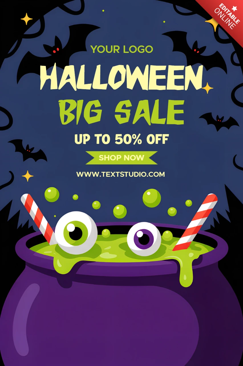 Playful Halloween Sale Design Template with Cauldron and Bats for Promotional Flyers
