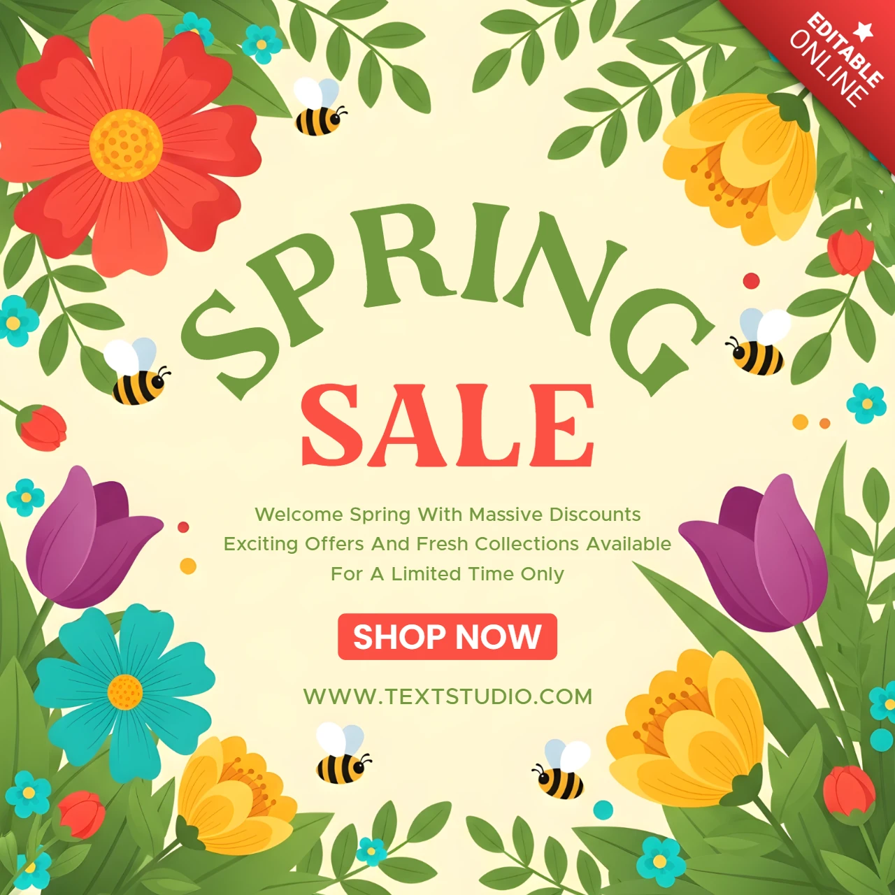 Promotion de vente saisonnière de printemps – fleurs éclatantes et feuilles mettant en avant d'énormes réductions