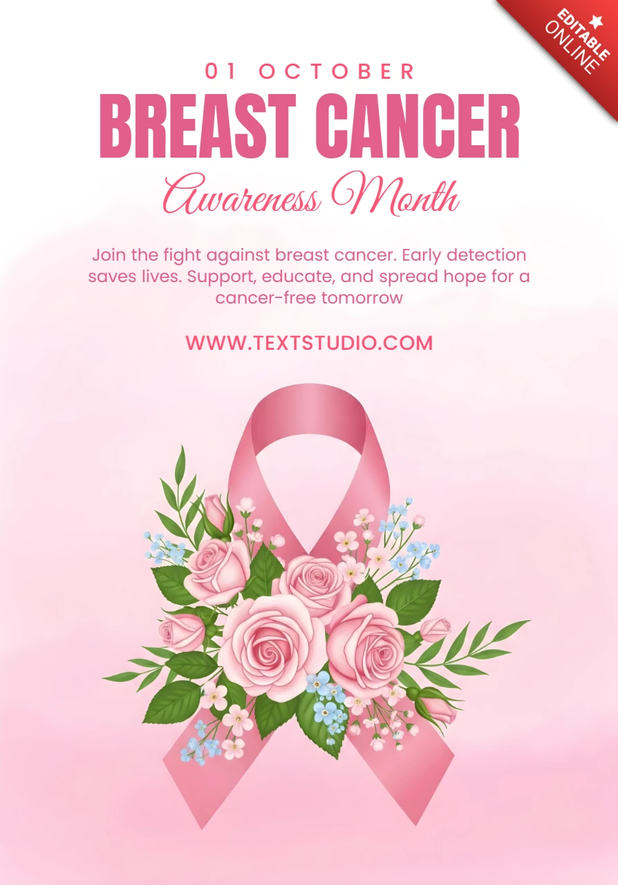 1. Oktober Brustkrebsbewusstsein rosa Schleife & Blumenposter-Designvorlage