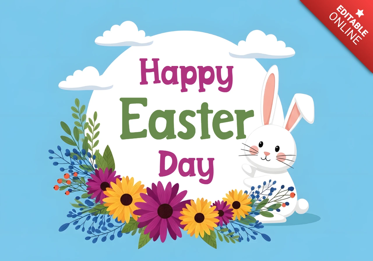 Happy Easter Day Design Template with Cute Bunny and Floral Elements for Greeting Cards