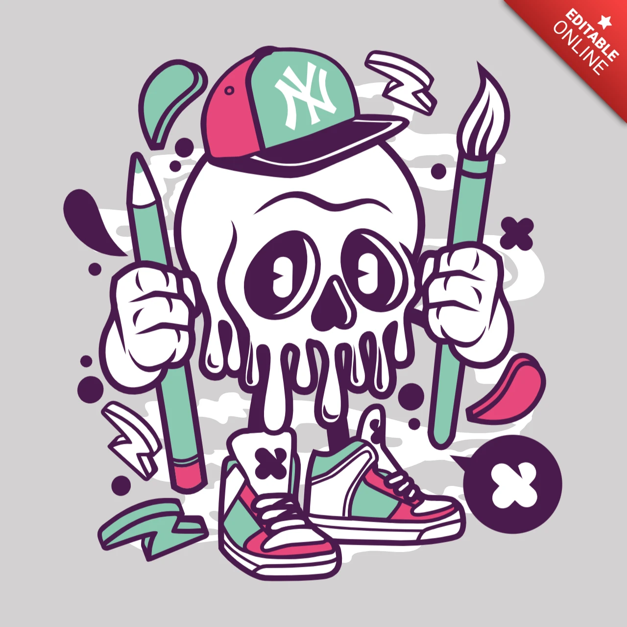 Skull Artist Cartoon Character T-Shirt Design Template