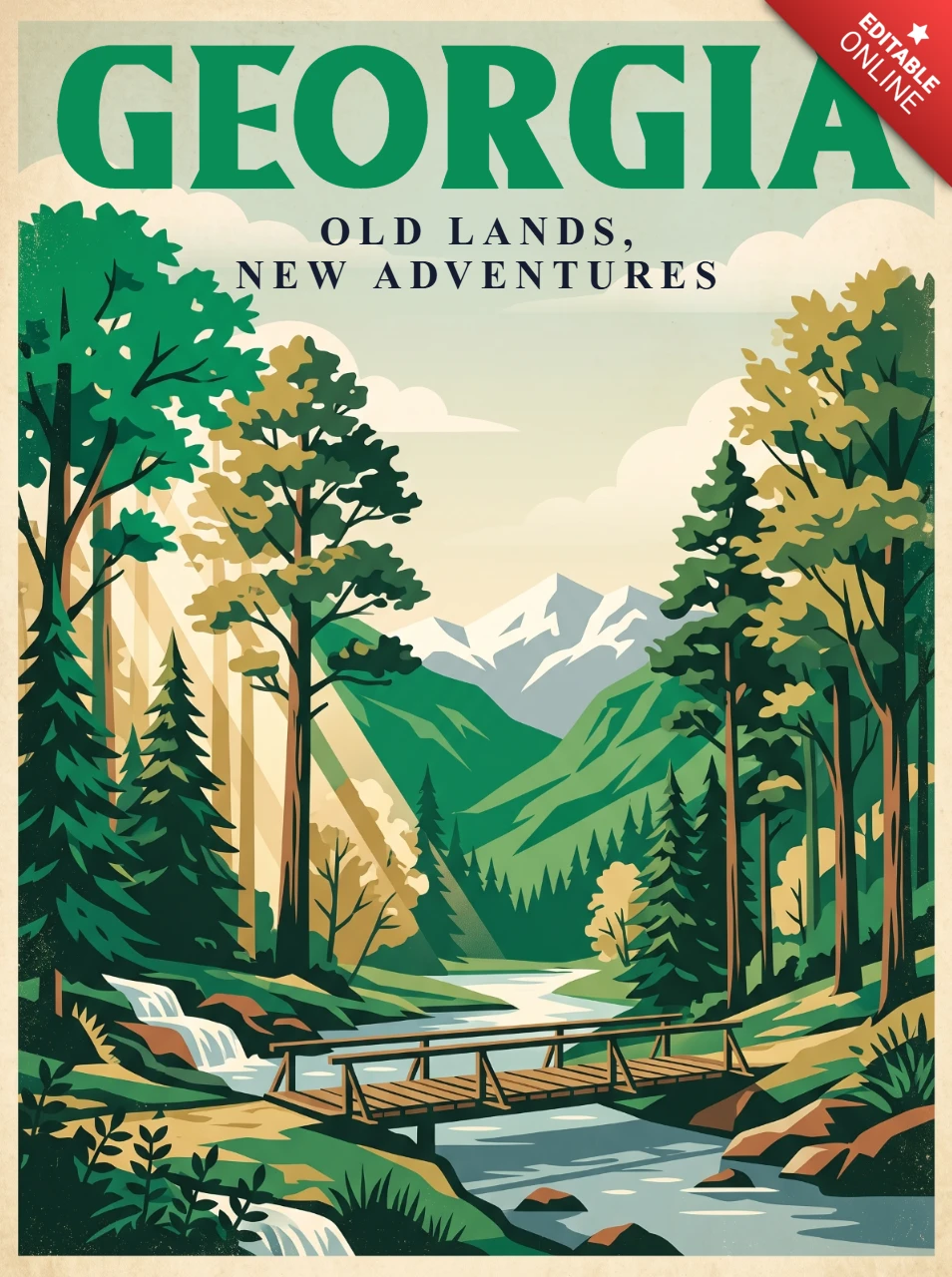 Georgia Retro Vintage Travel Poster Scenic Forest River Mountains Waterfalls Footbridge Adventure Landscape Wall Art Print