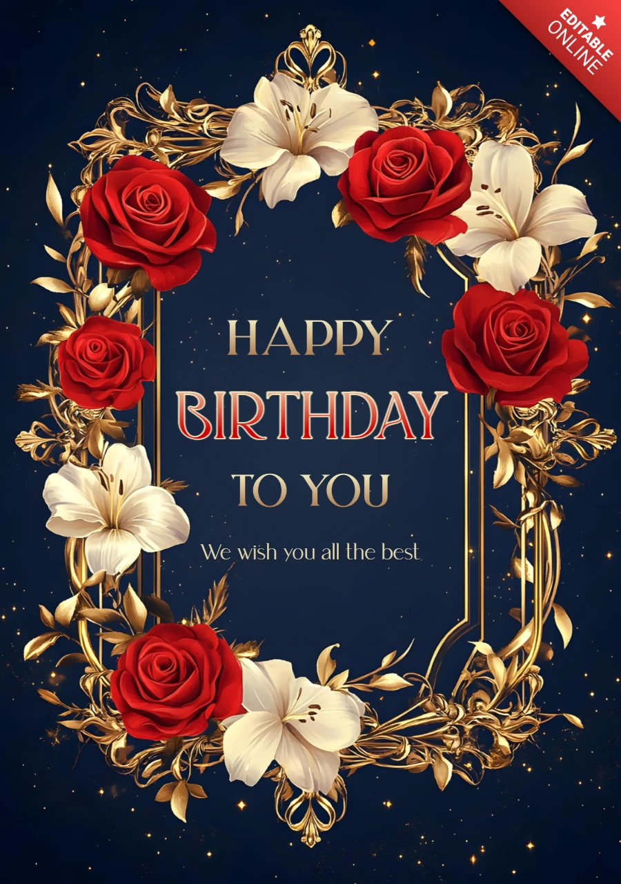 Art-Deco Floral Birthday Card Template with Red Roses and Lilies