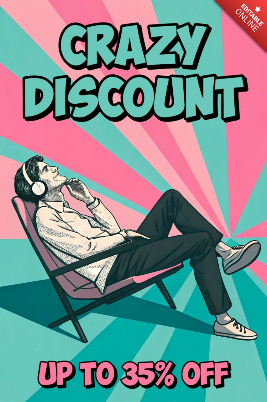 Template di design per sconti retro per poster promozionali con un ascoltatore di musica rilassato