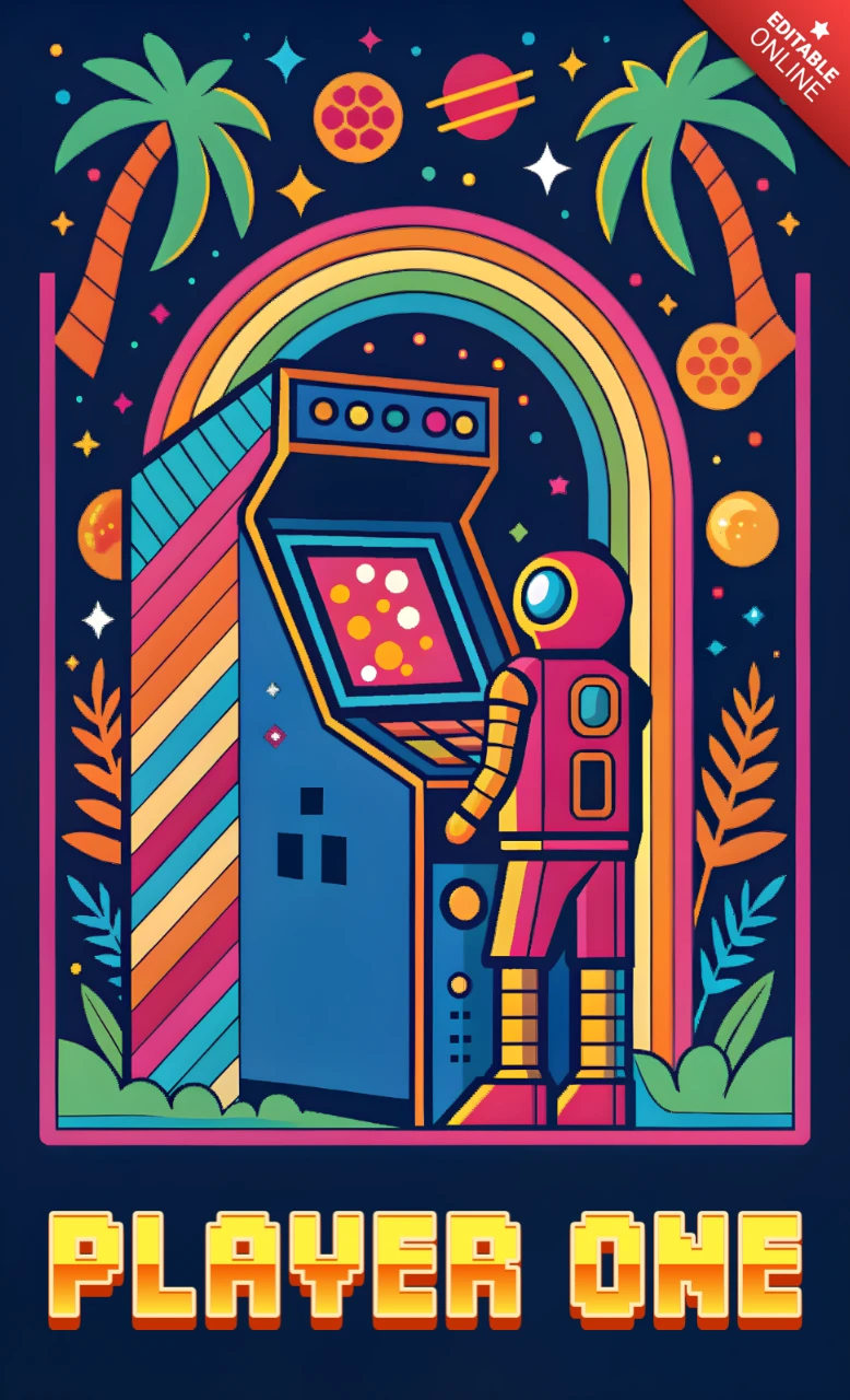 Retro Arcade Game Design Template for T-Shirt with Vibrant Space Theme