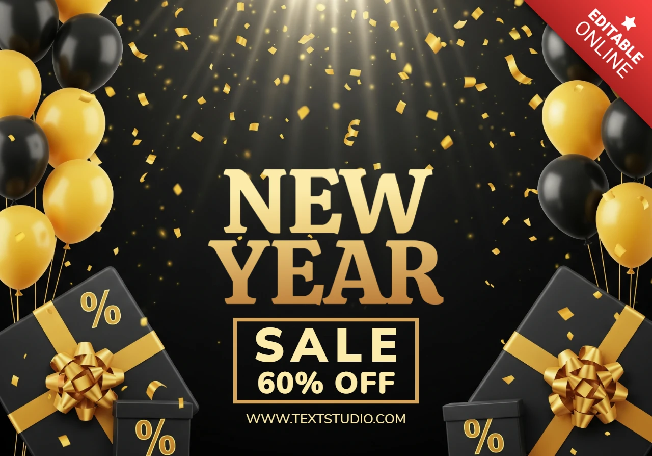 New Year Shopping Poster 2026 Super Sale Design with Balloons, Confetti, and Elegant Celebration Spark