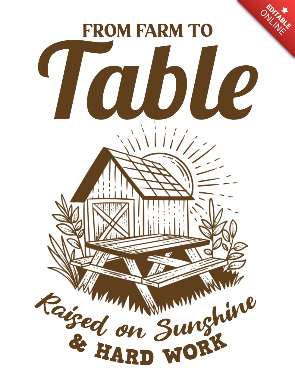 Design de camiseta "Da fazenda à mesa, criado com sol e trabalho duro"