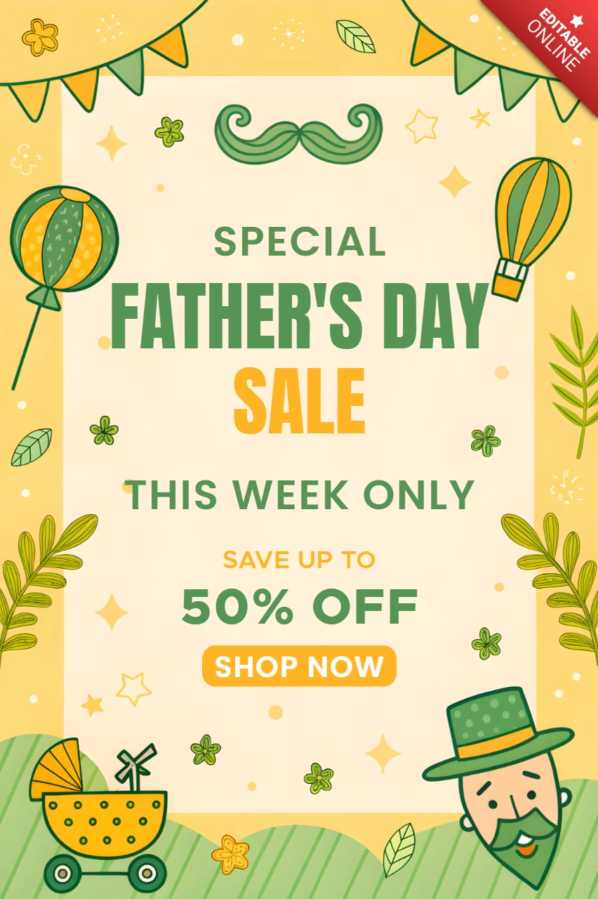 Whimsical Father's Day Sale Template – Green and Yellow Playful Design