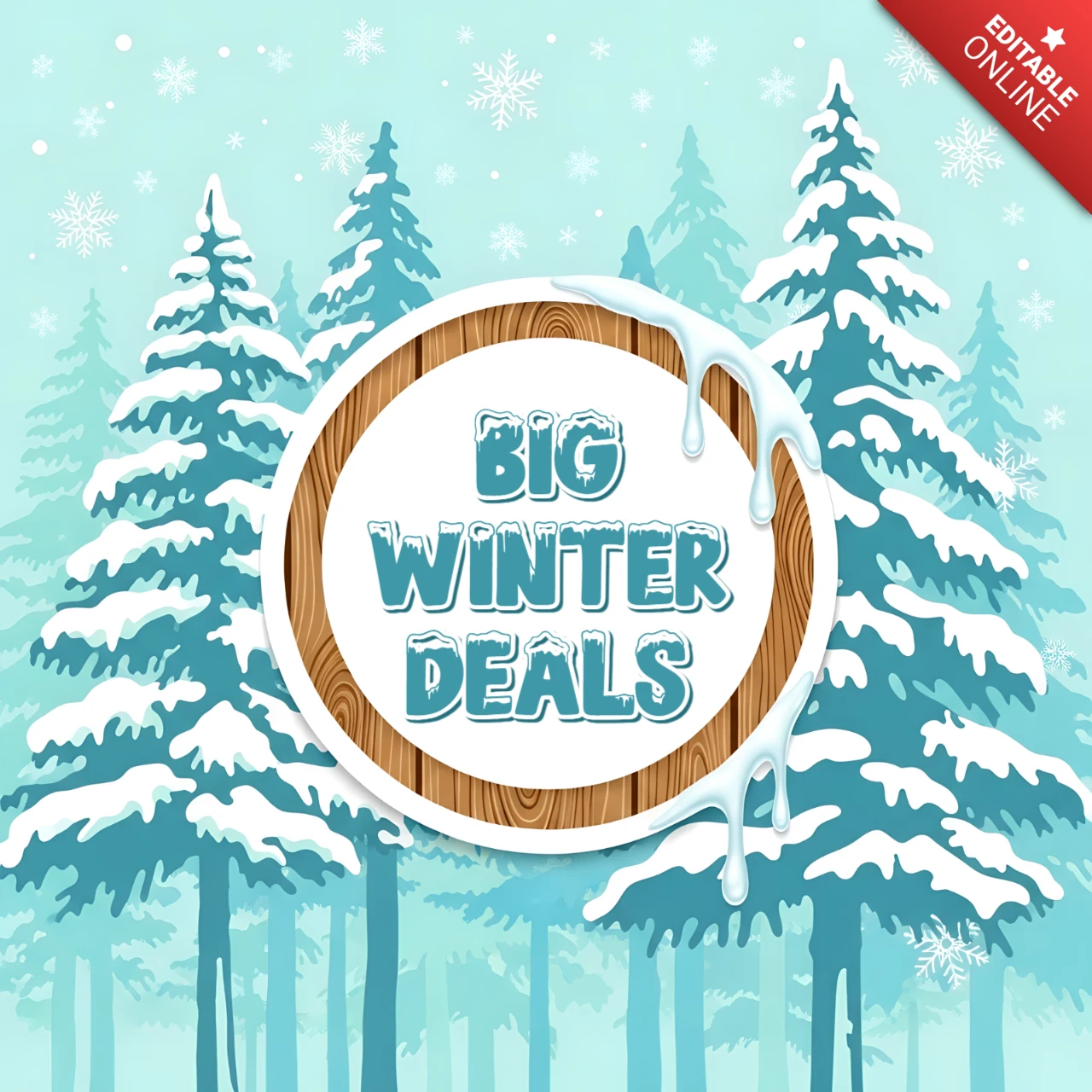 Template promozionale per offerte invernali con design di pini innevati per volantini