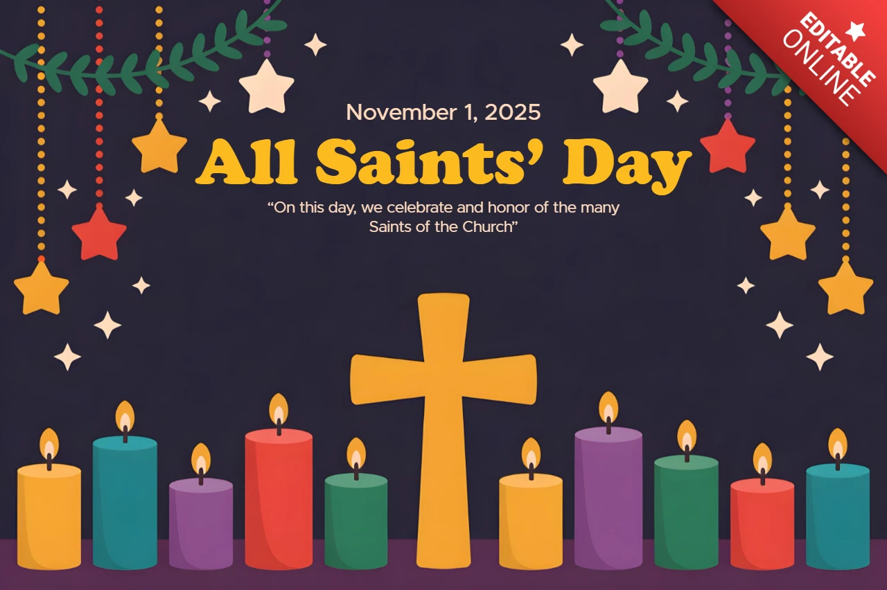 All Saints’ Day Illustration Candlelight Celebration with Cross & Decorative Accents Greeting Card Design Template