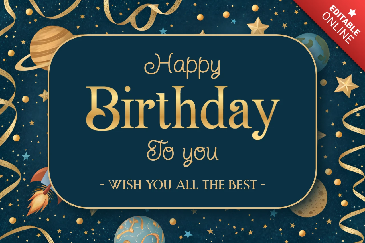 Modèle d'anniversaire céleste avec accents dorés et fond étoilé
