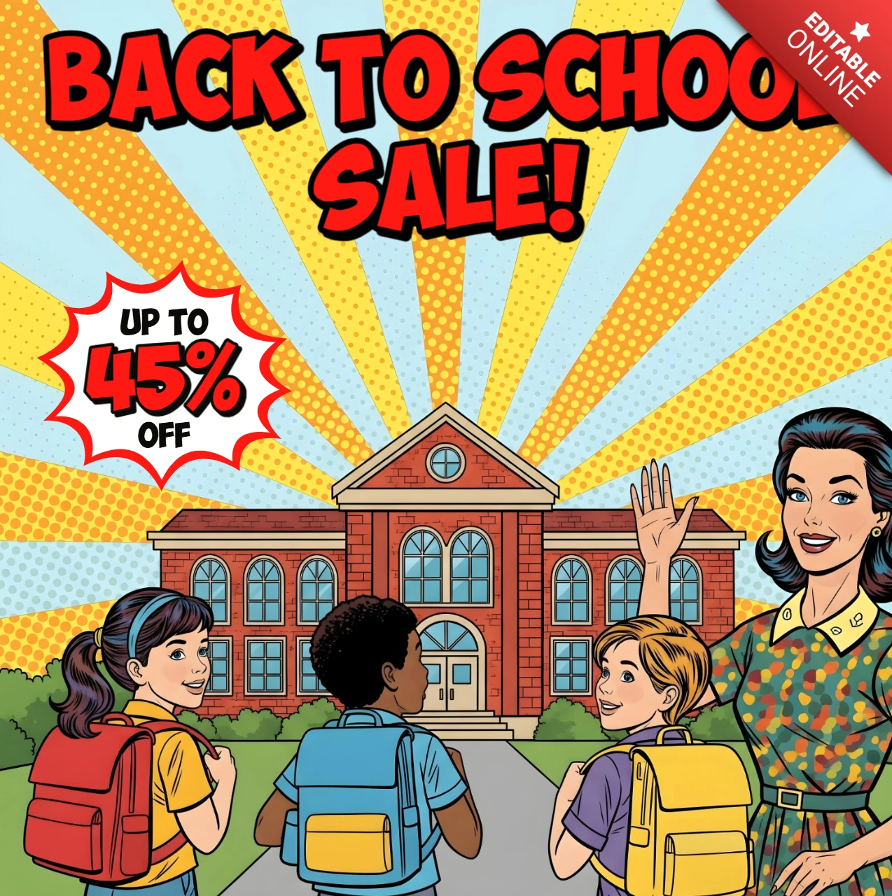 Schulanfang Familien Comic-Stil Rückkehr zur Schule Verkauf Kunst mit Schülern & Eltern Figur Rabatt-Explosion Designvorlage für Werbeflyer