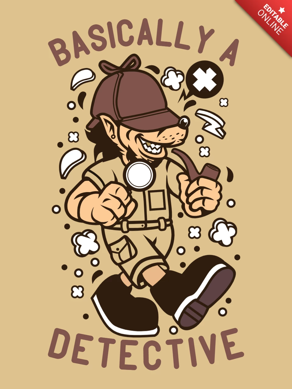 Basically A Detective Wolf Cartoon T-Shirt Design Template