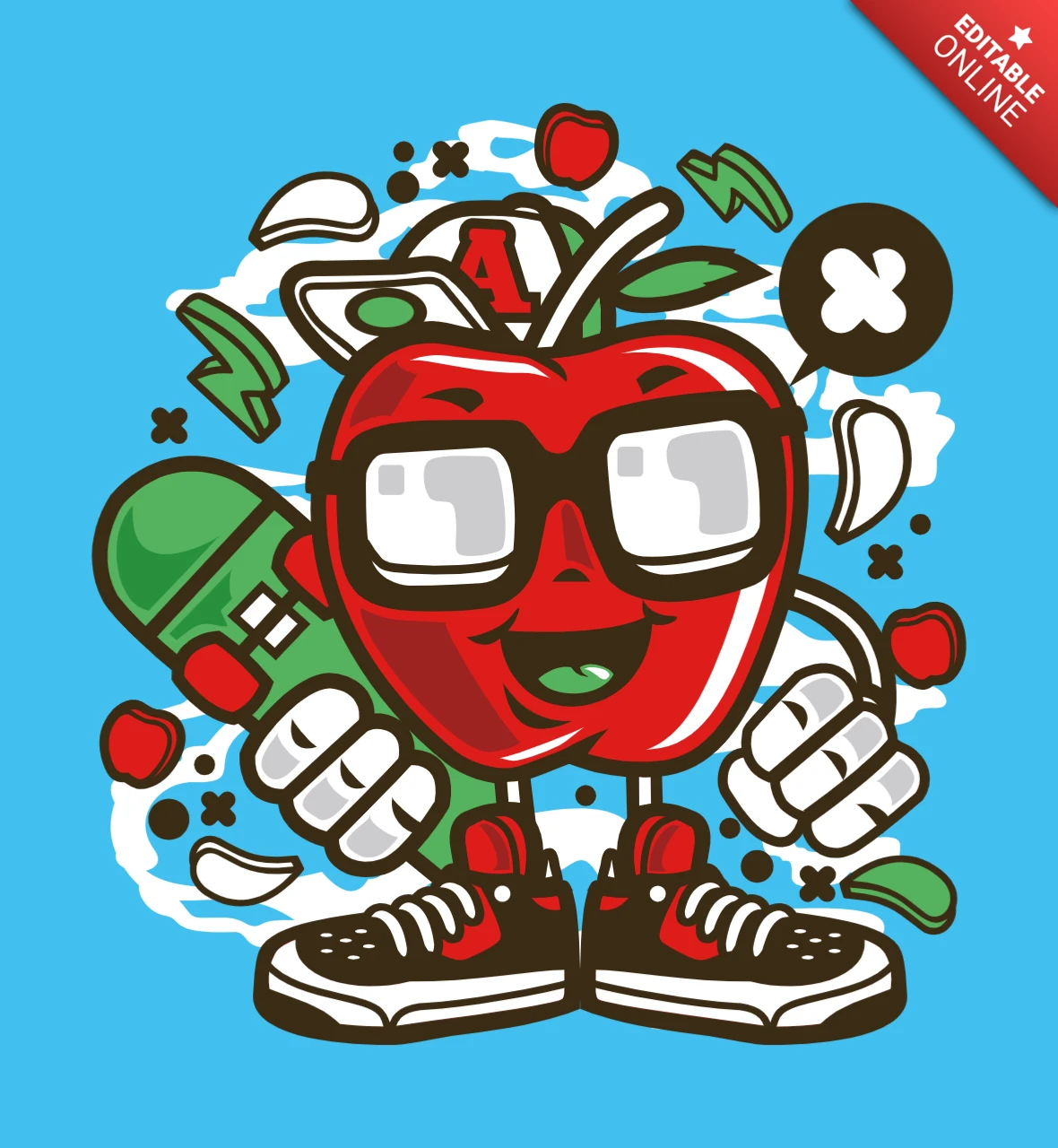 Apple skater stripfiguur t-shirt ontwerpsjabloon