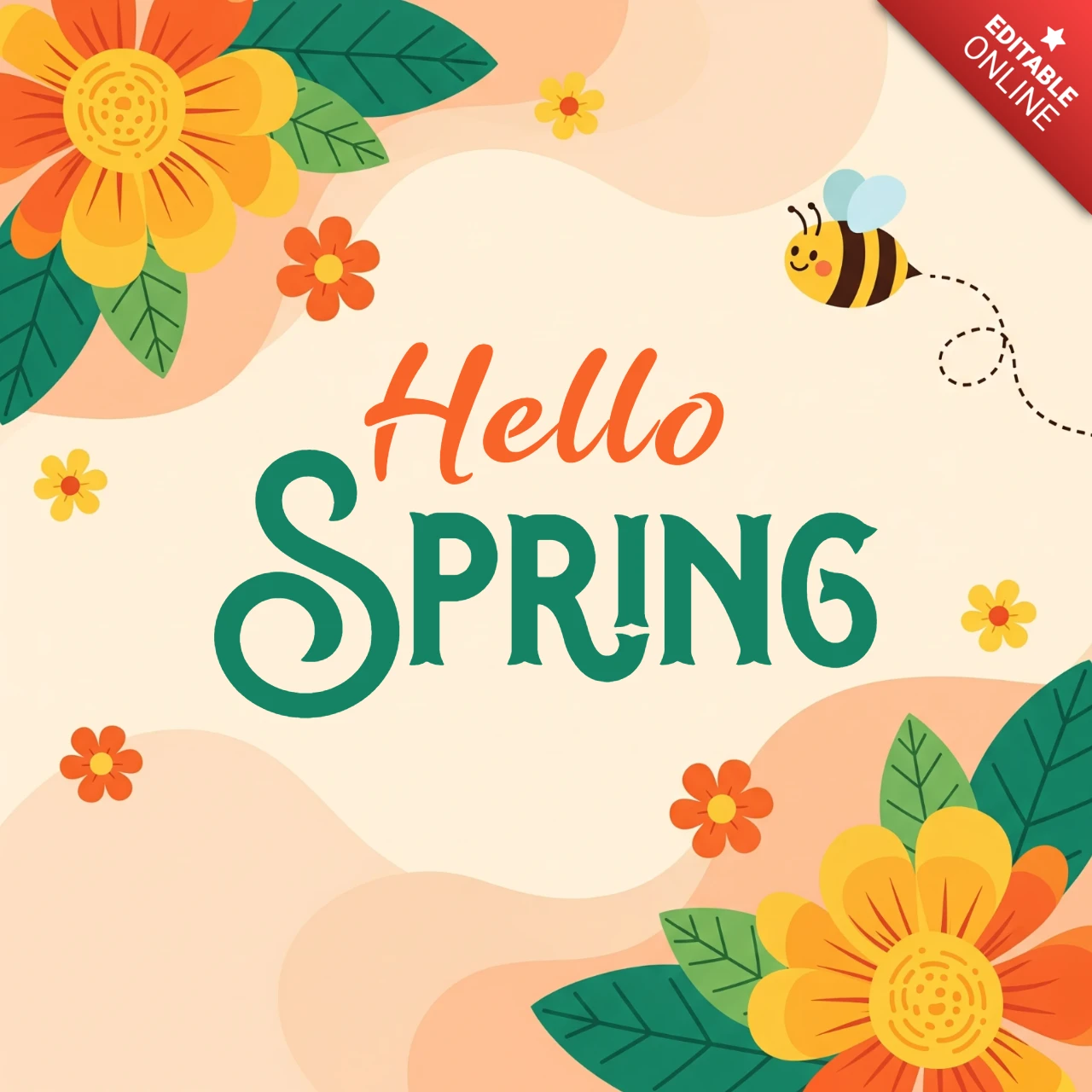 Floral Spring Greeting Card Design Template with Colorful Blossoms, Bee Illustration, and Peach Background
